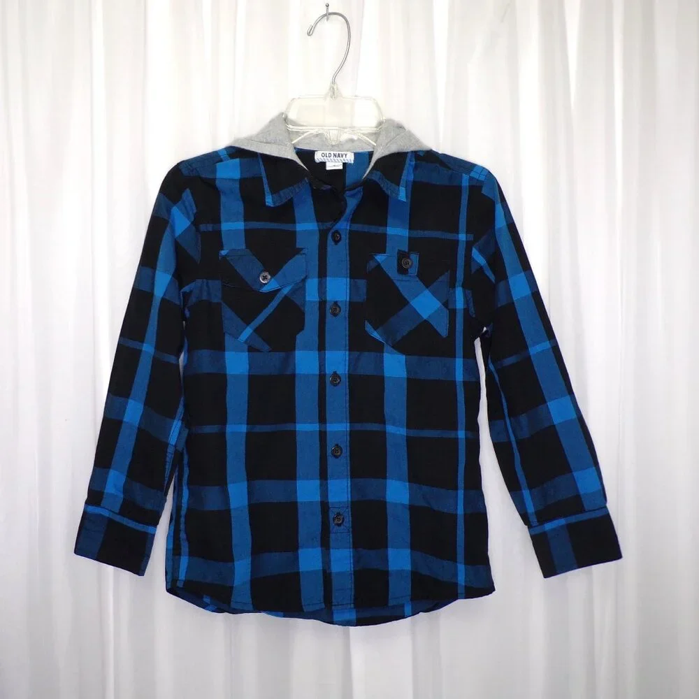 Old Navy Boys Plaid Button Up Shirt Hoodie Size Small Blue Black Pockets School